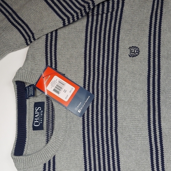 CHAPS Men's Oversized Sweater Size XXL Gray Blue Striped Embroidered Logo NEW - Picture 2 of 13